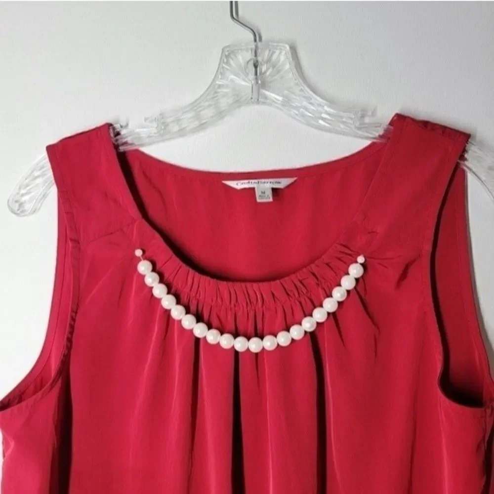 CROFT & BARROW Attached Pearl Necklace Sleevesless Red Blouse Size Medium - Picture 2 of 8